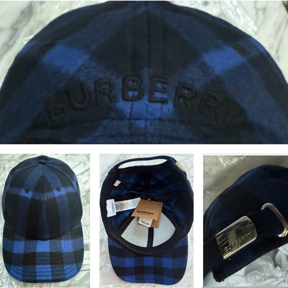 BURBERRY CASHMERE NAVY SIGNATURE CHECKERED PATTERN UNISEX BASEBALL CAP - Picture 7 of 16
